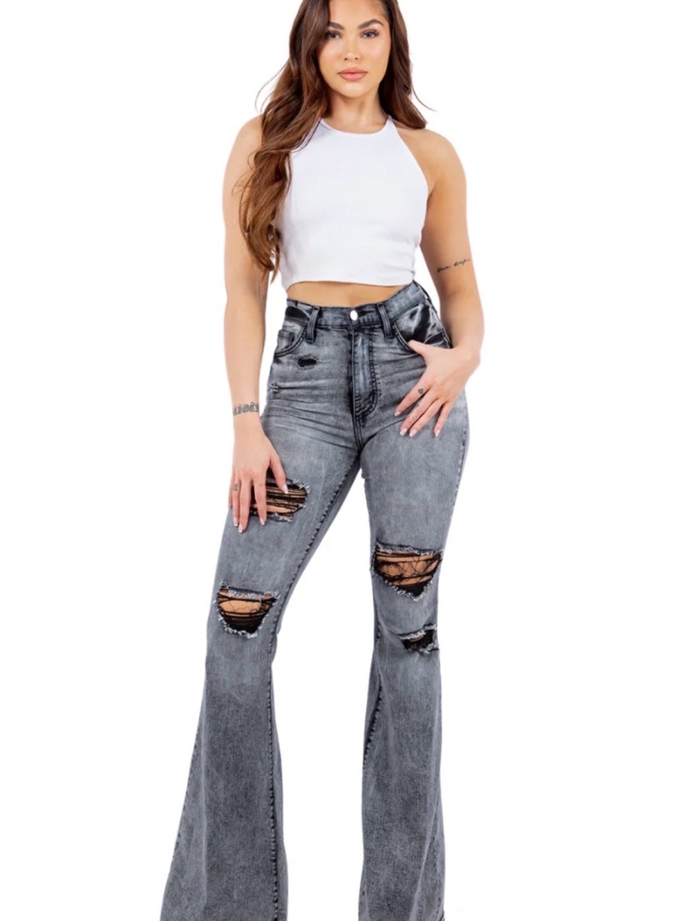 High-Rise Distressed Flare Jeans - Washed Gray